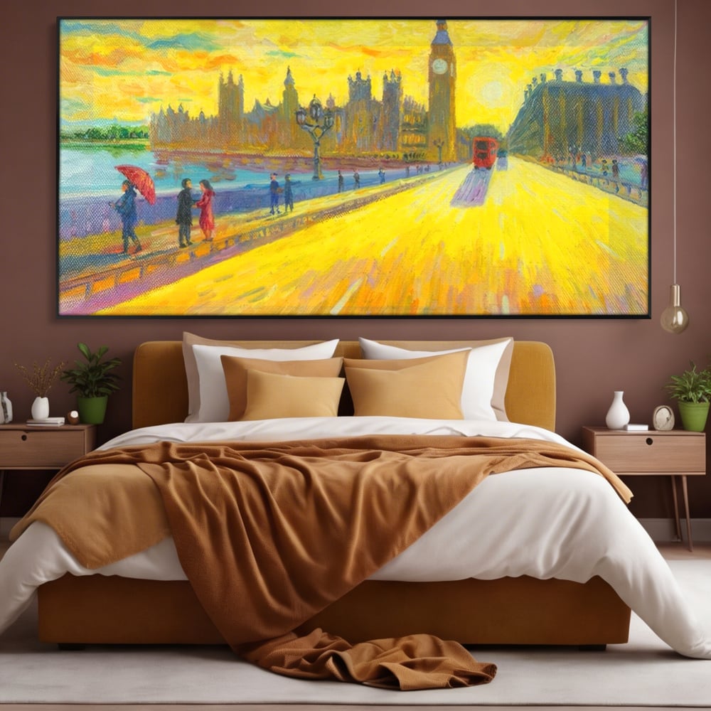 Tablou canvas cu tablou canvas cu londra si big ben, in rama de aluminiu negru, pe perete intr-un dormitor