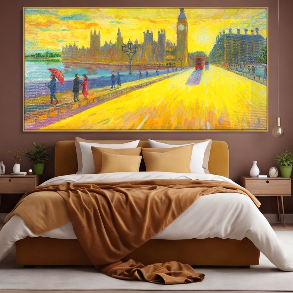Tablou canvas cu tablou canvas cu londra si big ben, in rama de aluminiu auriu, pe perete intr-un dormitor