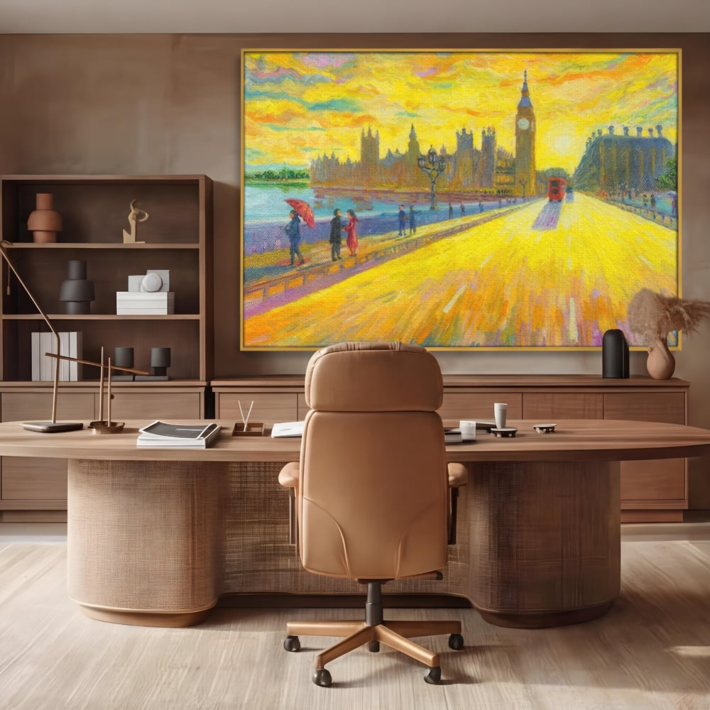 Tablou canvas cu tablou canvas cu londra si big ben, in rama de aluminiu auriu, pe perete intr-un birou