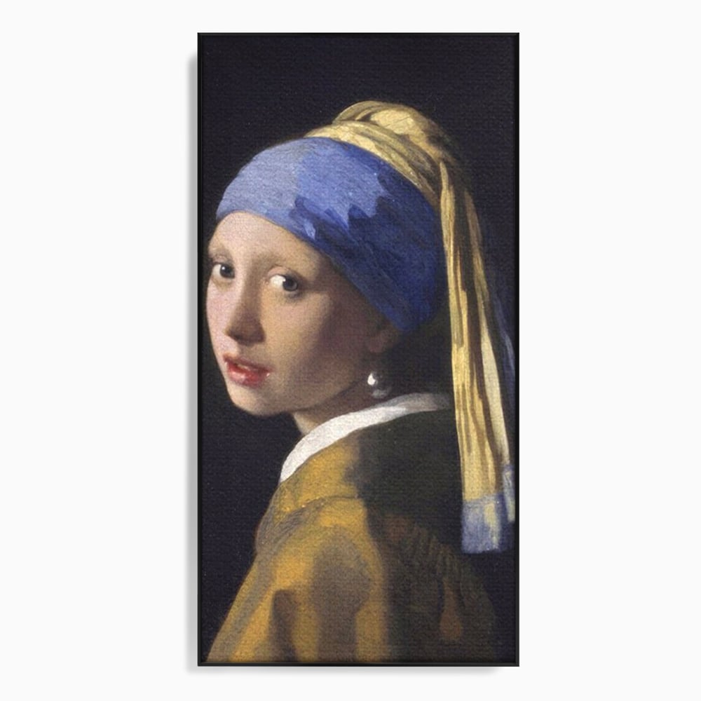 Tablou canvas cu reproducere pictura fata cu cercel de perla, in rama de aluminiu negru