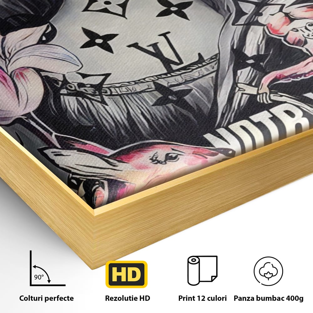 Detaliu al suprafetei: tablou canvas cu mona lisa graffiti, in rama de aluminiu auriu