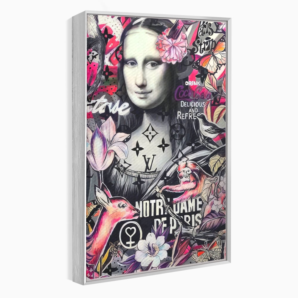 Tablou canvas cu tablou canvas cu mona lisa graffiti, in rama de aluminiu argintiu
