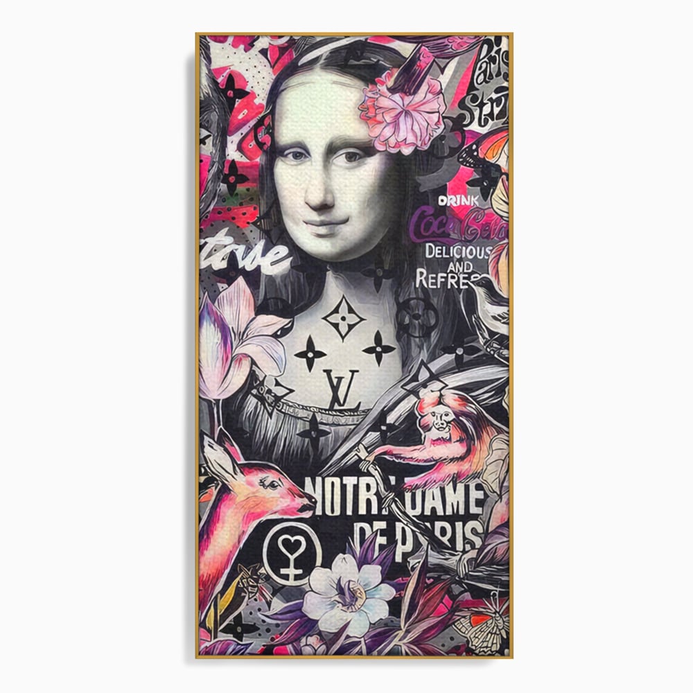Tablou canvas cu tablou canvas cu mona lisa graffiti, in rama de aluminiu auriu