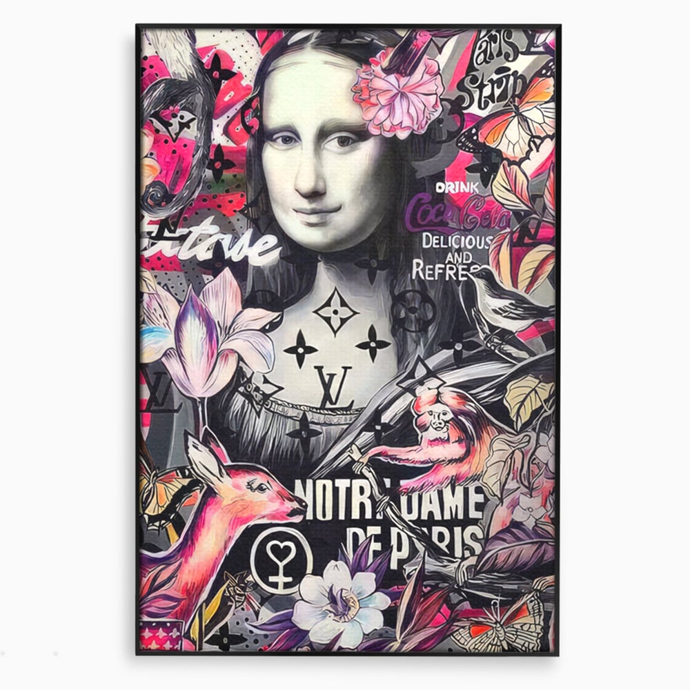 Tablou canvas cu tablou canvas cu mona lisa graffiti, in rama de aluminiu negru