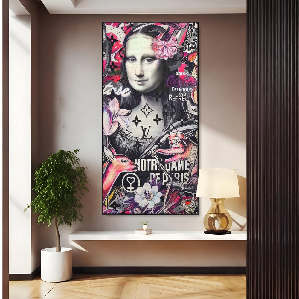 Tablou canvas cu tablou canvas cu mona lisa graffiti, in rama de aluminiu negru