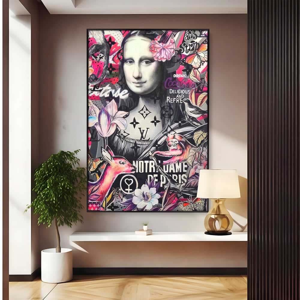 Tablou canvas cu tablou canvas cu mona lisa graffiti, in rama de aluminiu negru