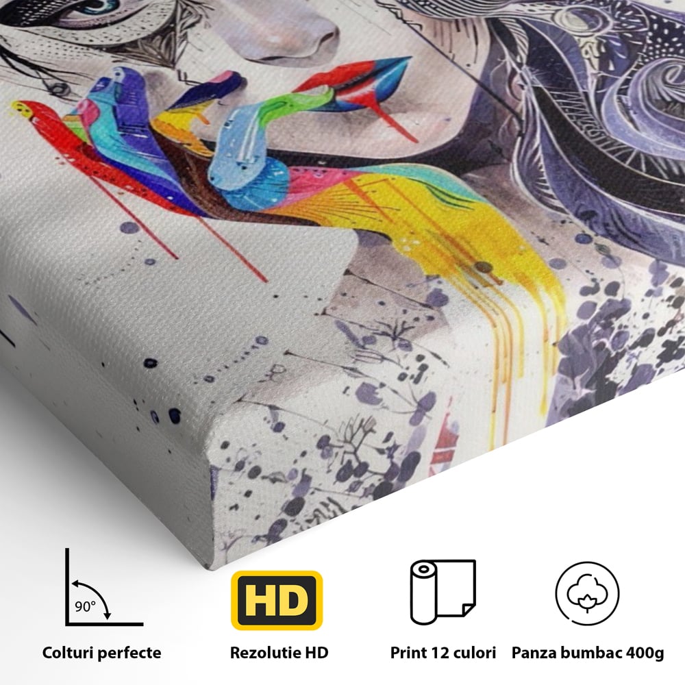 Detaliu al suprafetei: tablou canvas cu portret abstract feminin, fara rama, pe sasiu de lemn