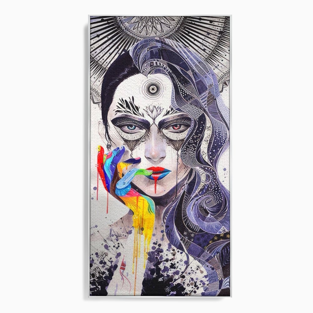 Tablou canvas cu tablou canvas cu portret abstract feminin, in rama de aluminiu argintiu