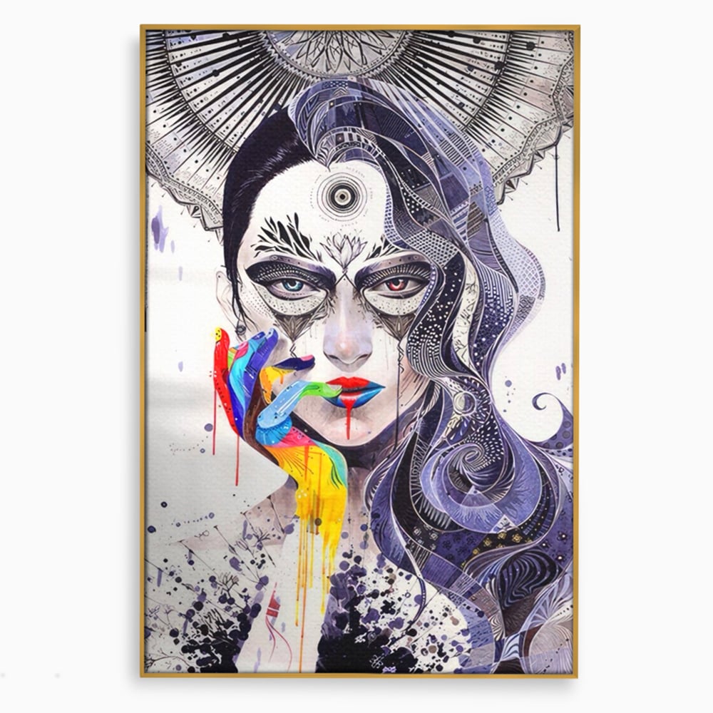 Tablou canvas cu tablou canvas cu portret abstract feminin, in rama de aluminiu auriu