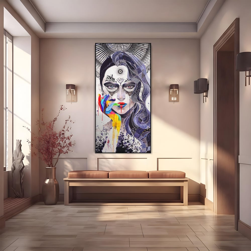 Tablou canvas cu tablou canvas cu portret abstract feminin, in rama de aluminiu negru