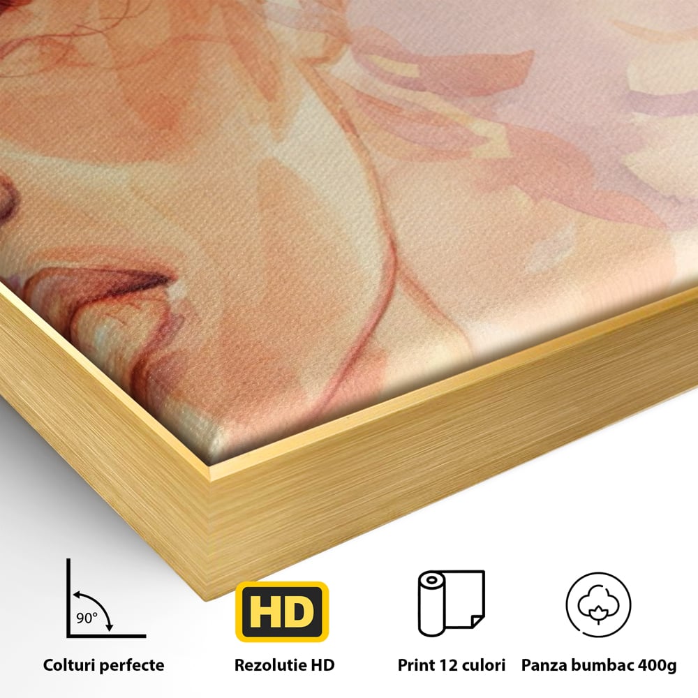 Detaliu al suprafetei: tablou canvas cu chip de femeie, in rama de aluminiu auriu