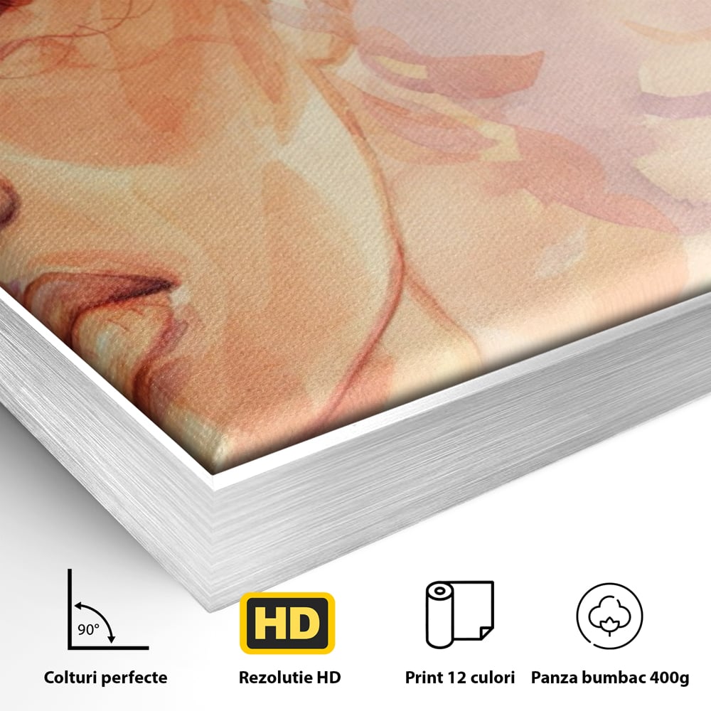 Detaliu al suprafetei: tablou canvas cu chip de femeie, in rama de aluminiu argintiu