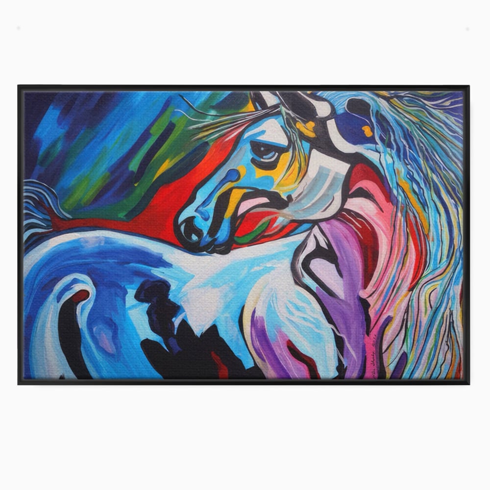 Tablou canvas cu pictura canvas cu cal colorat, in rama de aluminiu negru