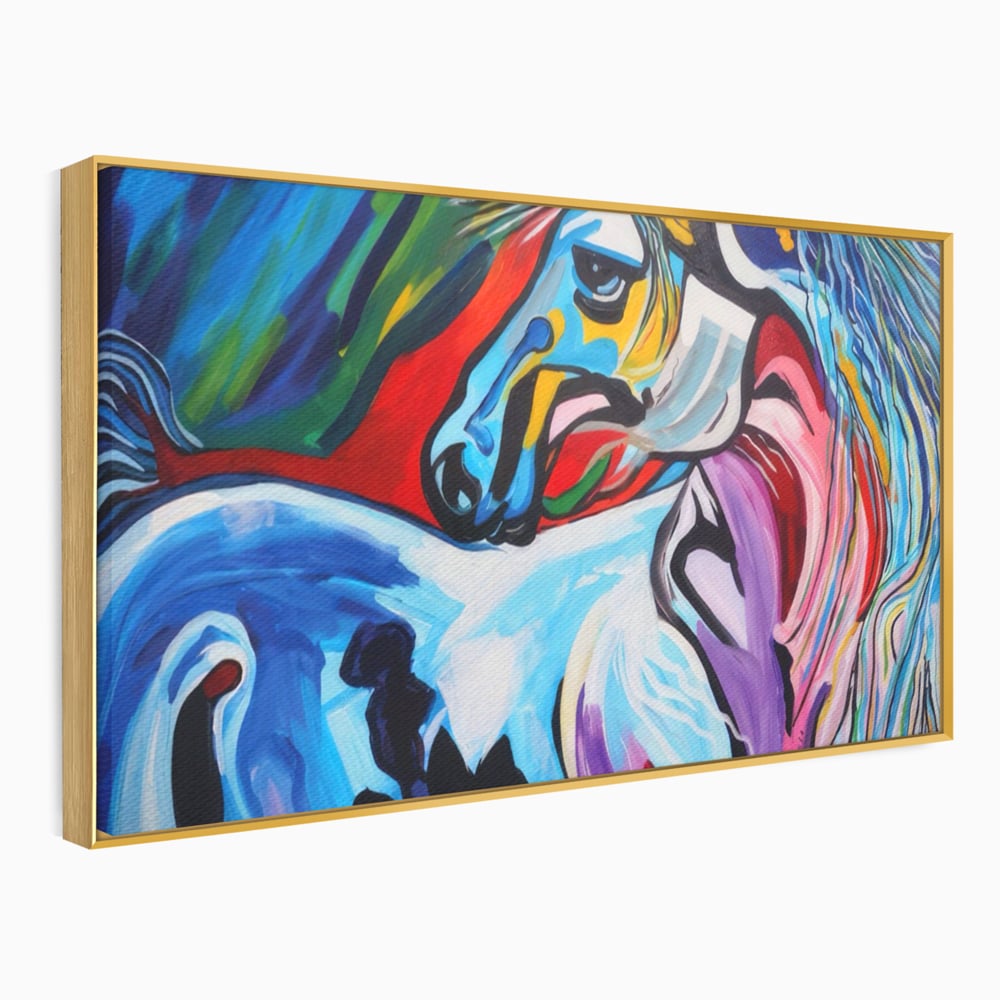 Tablou canvas cu pictura canvas cu cal colorat, in rama de aluminiu auriu