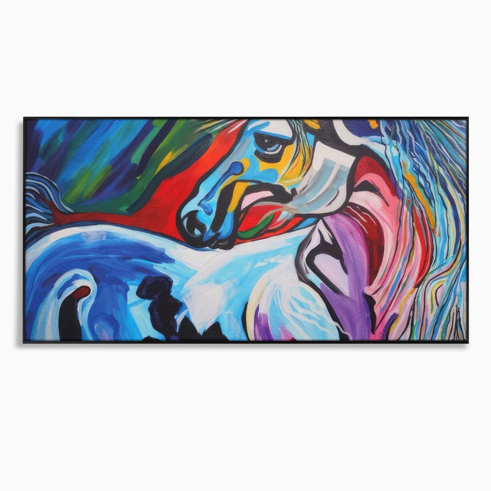 Tablou canvas cu pictura canvas cu cal colorat, in rama de aluminiu negru