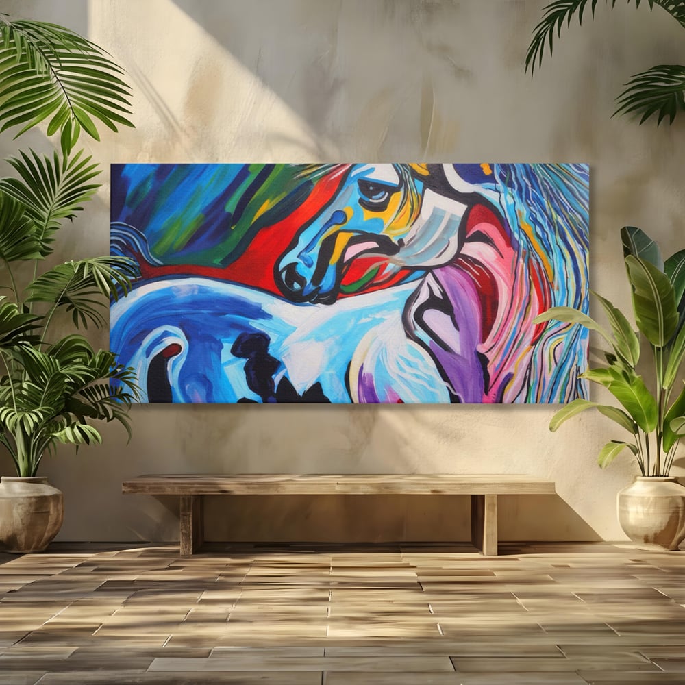 Tablou canvas cu pictura canvas cu cal colorat, fara rama, pe sasiu de lemn