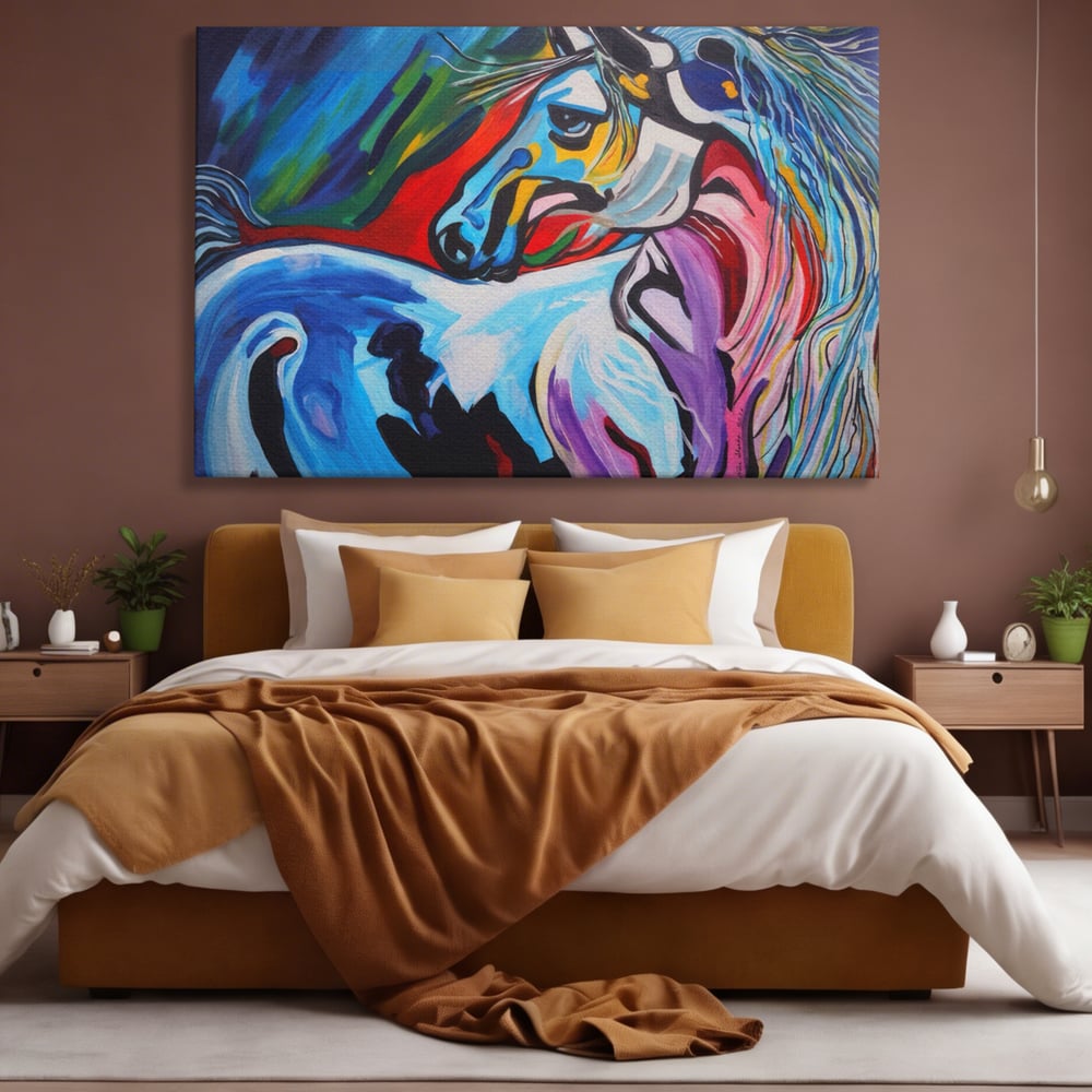 Tablou canvas cu pictura canvas cu cal colorat, fara rama, pe sasiu de lemn, pe perete intr-un dormitor