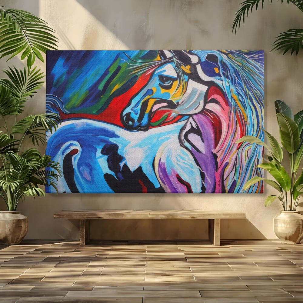 Tablou canvas cu pictura canvas cu cal colorat, fara rama, pe sasiu de lemn