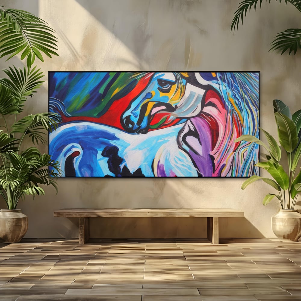 Tablou canvas cu pictura canvas cu cal colorat, in rama de aluminiu negru