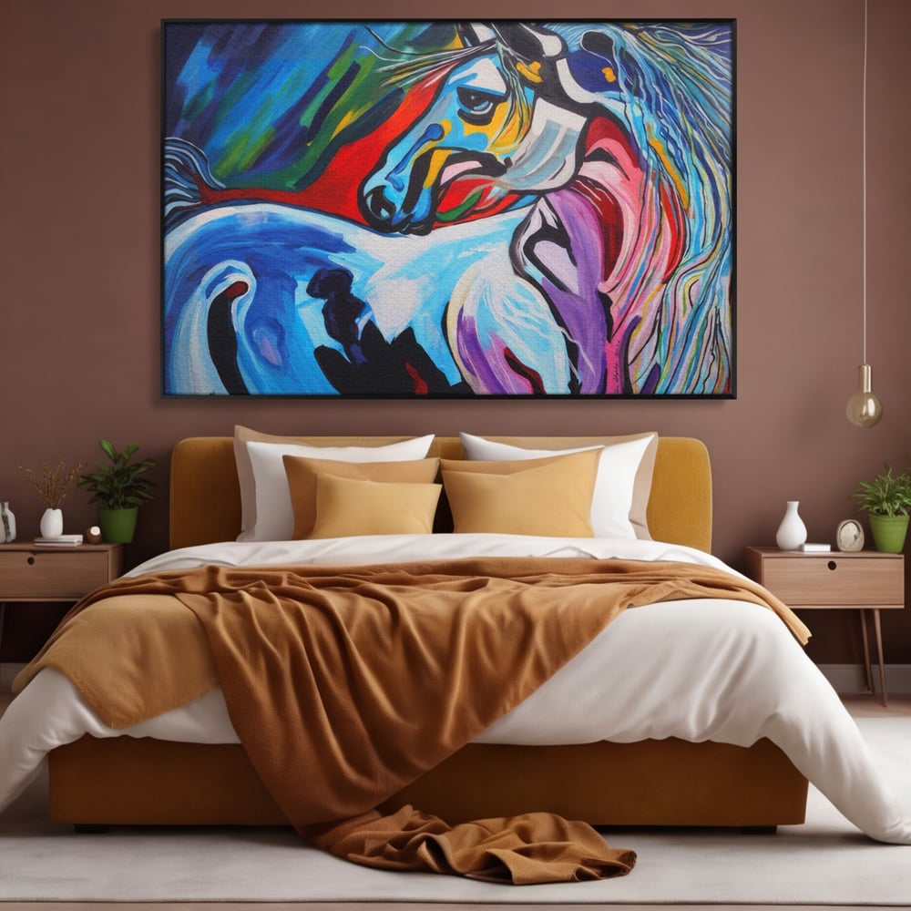Tablou canvas cu pictura canvas cu cal colorat, in rama de aluminiu negru, pe perete intr-un dormitor