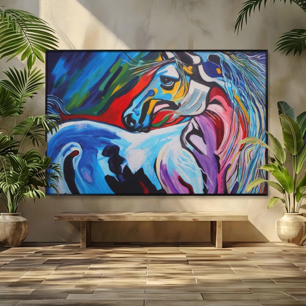 Tablou canvas cu pictura canvas cu cal colorat, in rama de aluminiu negru