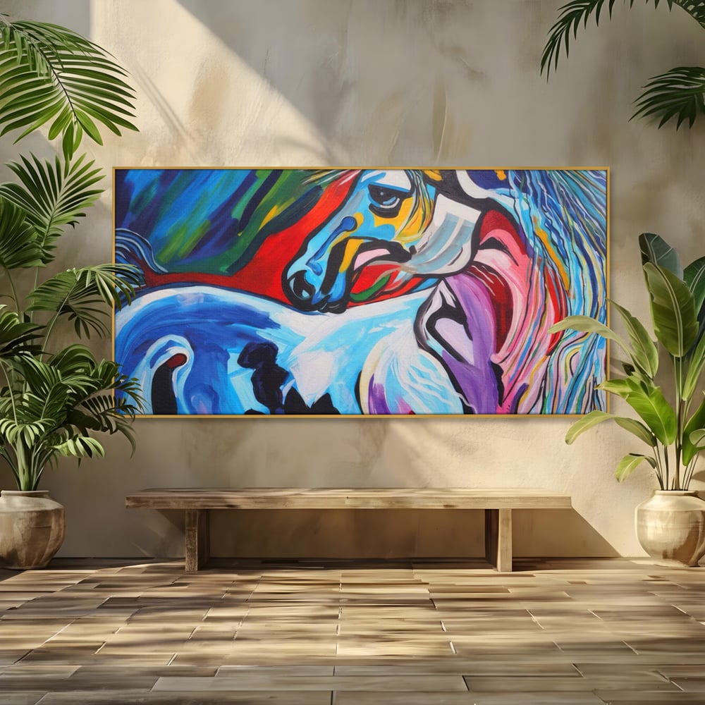 Tablou canvas cu pictura canvas cu cal colorat, in rama de aluminiu auriu