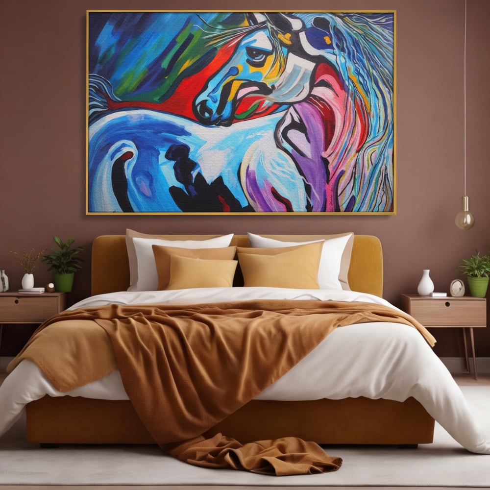 Tablou canvas cu pictura canvas cu cal colorat, in rama de aluminiu auriu, pe perete intr-un dormitor