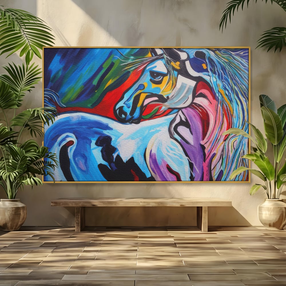 Tablou canvas cu pictura canvas cu cal colorat, in rama de aluminiu auriu