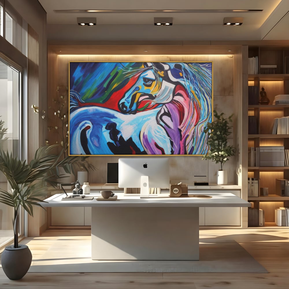 Tablou canvas cu pictura canvas cu cal colorat, in rama de aluminiu auriu, pe perete intr-un birou