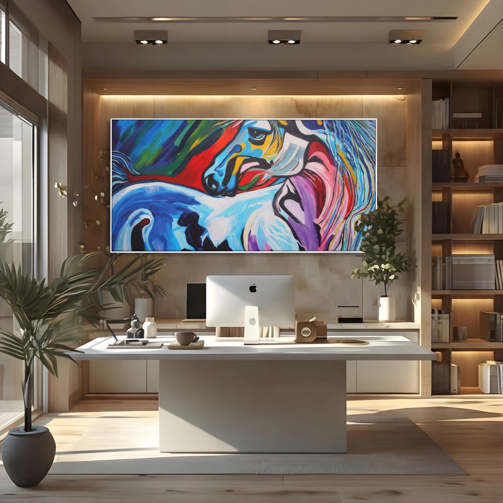 Tablou canvas cu pictura canvas cu cal colorat, in rama de aluminiu argintiu, pe perete intr-un birou