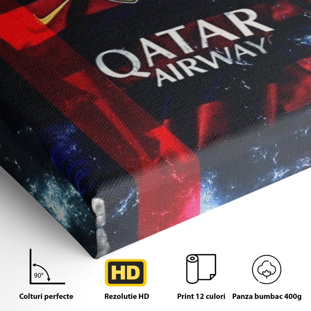 Detaliu al suprafetei: tablou canvas cu fotbalistul messi, fara rama, pe sasiu de lemn