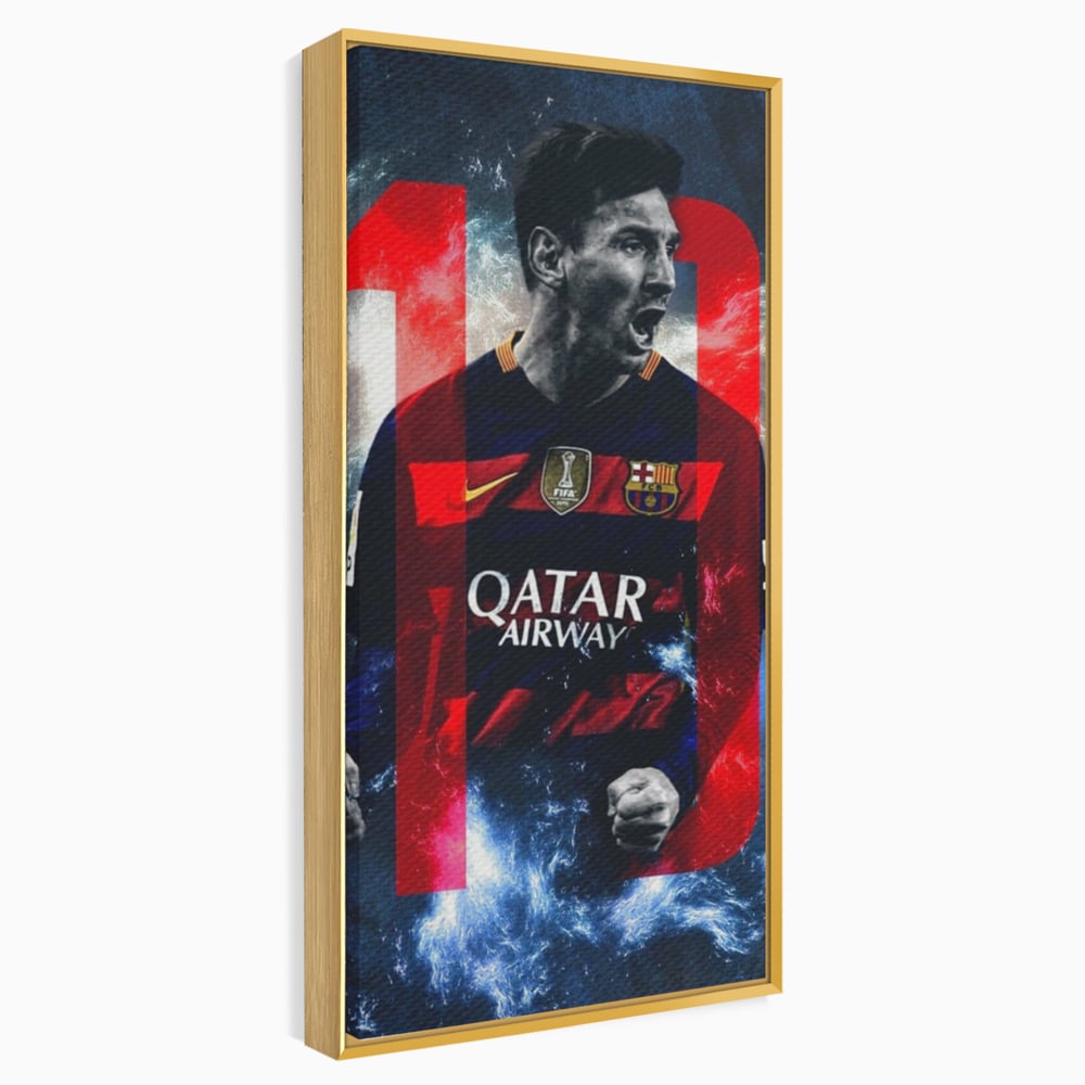 Tablou canvas cu tablou canvas cu fotbalistul messi, in rama de aluminiu auriu