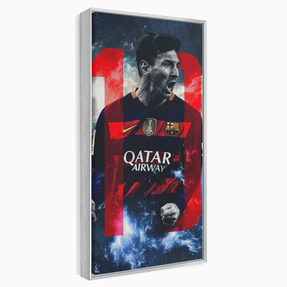 Tablou canvas cu tablou canvas cu fotbalistul messi, in rama de aluminiu argintiu
