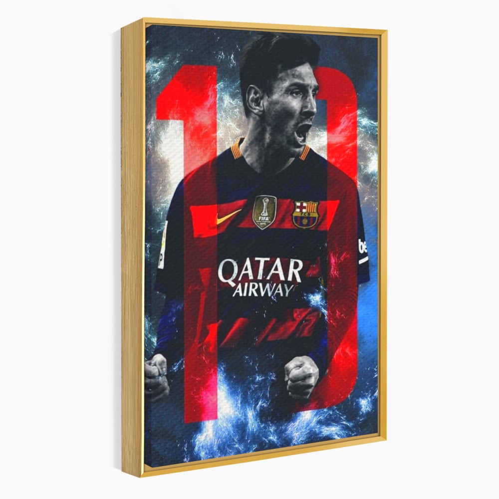 Tablou canvas cu tablou canvas cu fotbalistul messi, in rama de aluminiu auriu