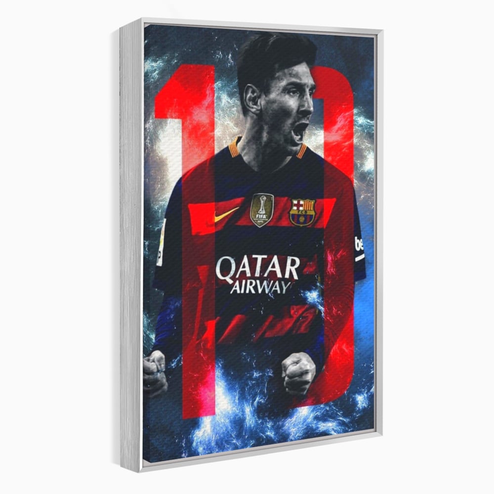 Tablou canvas cu tablou canvas cu fotbalistul messi, in rama de aluminiu argintiu