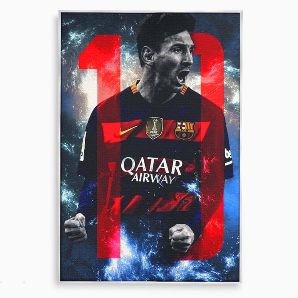 Tablou canvas cu tablou canvas cu fotbalistul messi, in rama de aluminiu argintiu