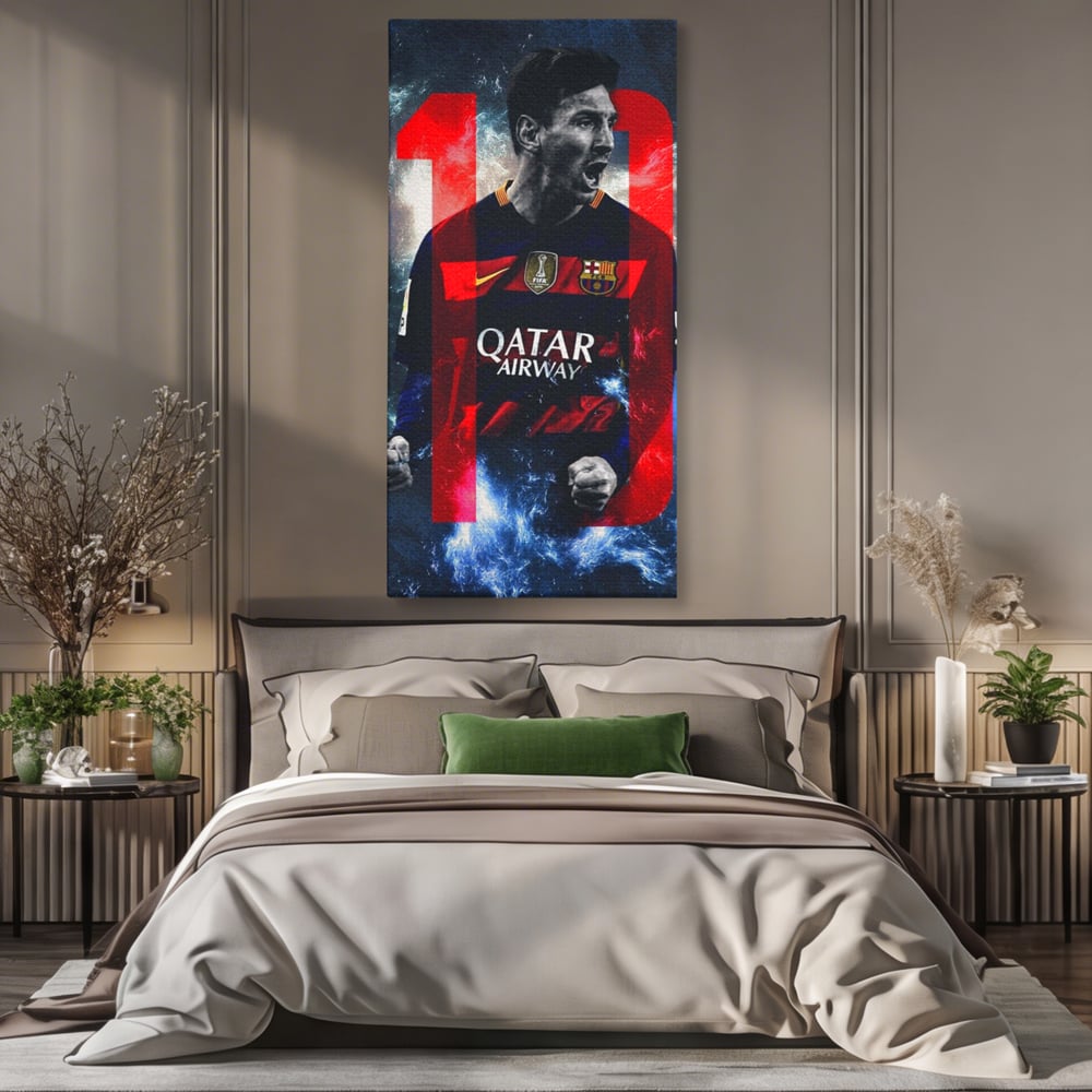 Tablou canvas cu tablou canvas cu fotbalistul messi, fara rama, pe sasiu de lemn, pe perete intr-un dormitor