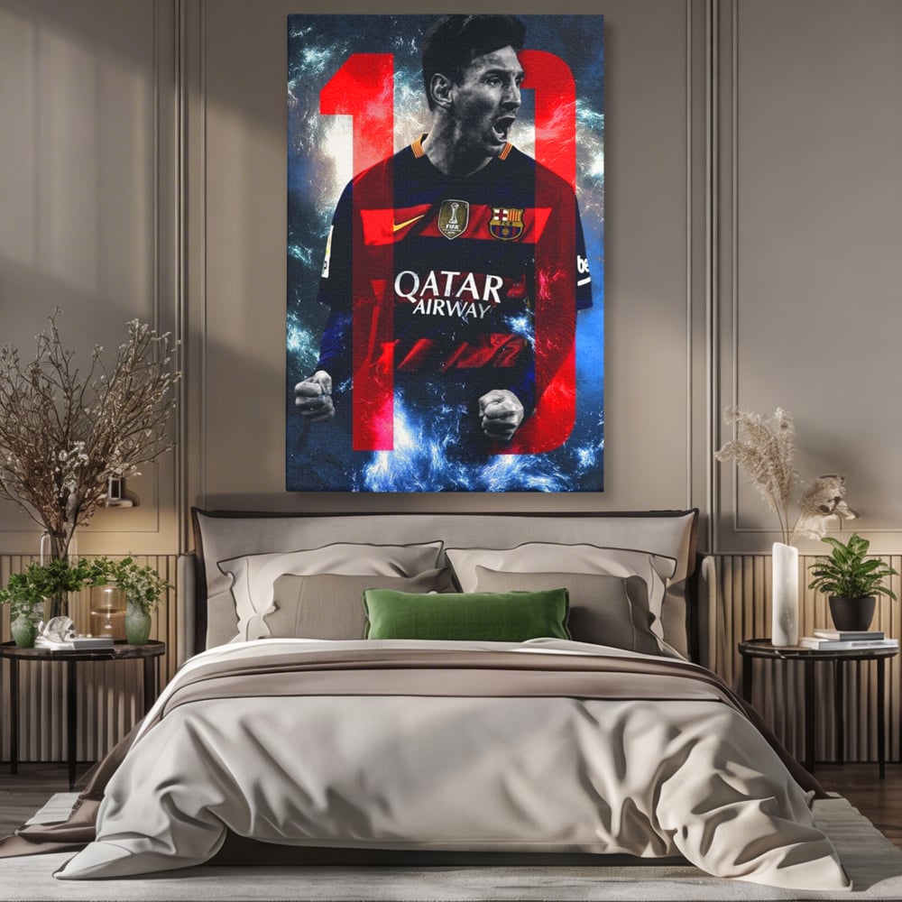 Tablou canvas cu tablou canvas cu fotbalistul messi, fara rama, pe sasiu de lemn, pe perete intr-un dormitor