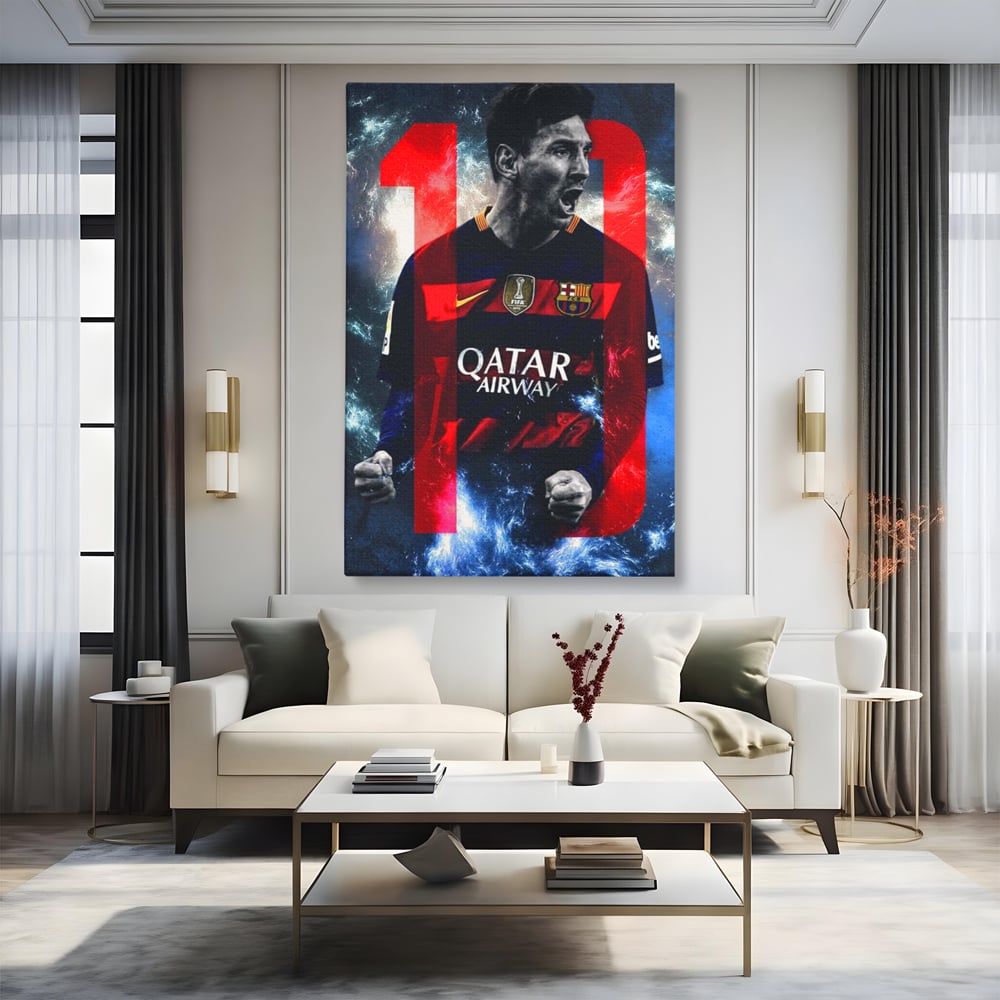 Tablou canvas cu tablou canvas cu fotbalistul messi, fara rama, pe sasiu de lemn, pe perete intr-un living
