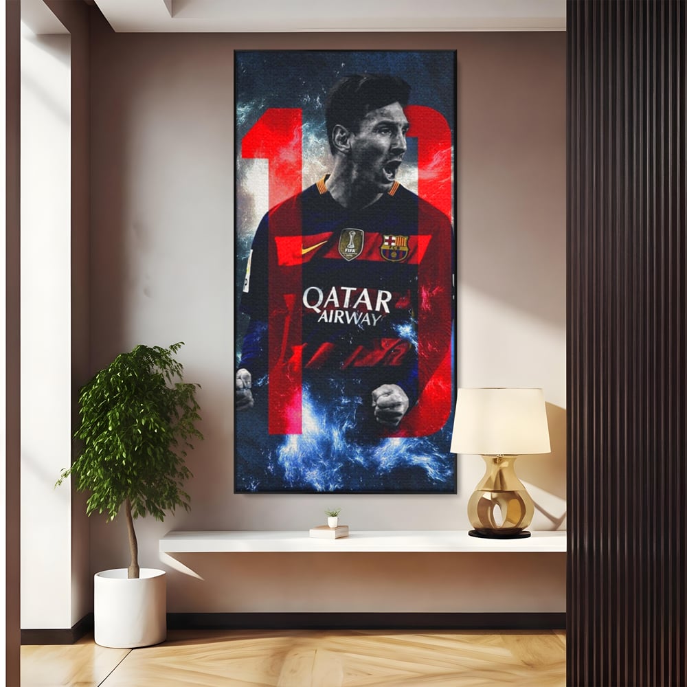 Tablou canvas cu tablou canvas cu fotbalistul messi, in rama de aluminiu negru