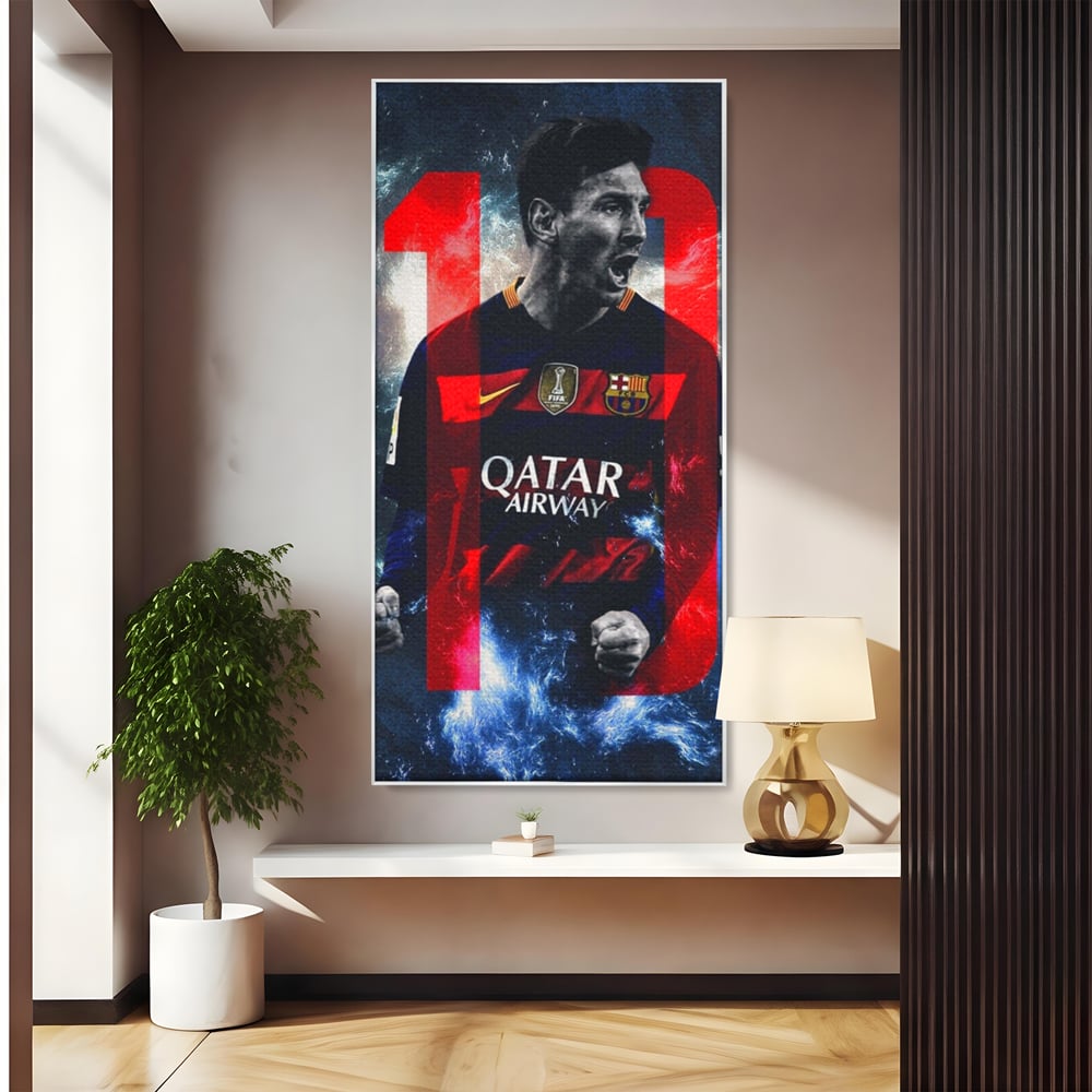 Tablou canvas cu tablou canvas cu fotbalistul messi, in rama de aluminiu argintiu