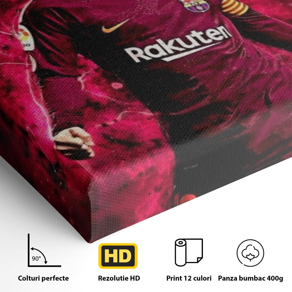 Detaliu al suprafetei: tablou canvas cu lionel messi, fara rama, pe sasiu de lemn