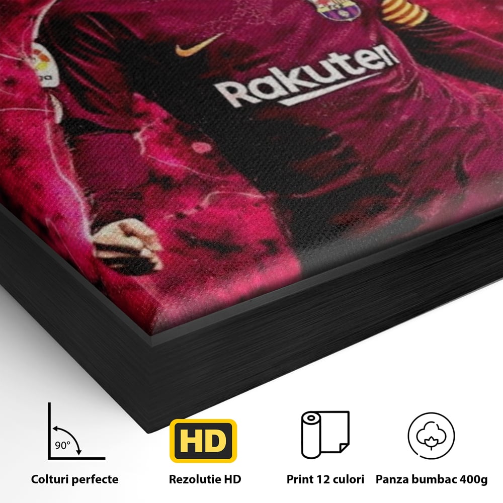 Detaliu al suprafetei: tablou canvas cu lionel messi, in rama de aluminiu negru