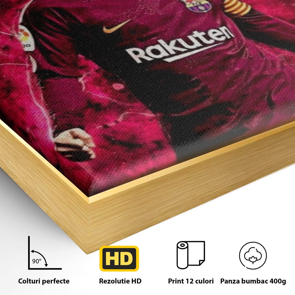 Detaliu al suprafetei: tablou canvas cu lionel messi, in rama de aluminiu auriu