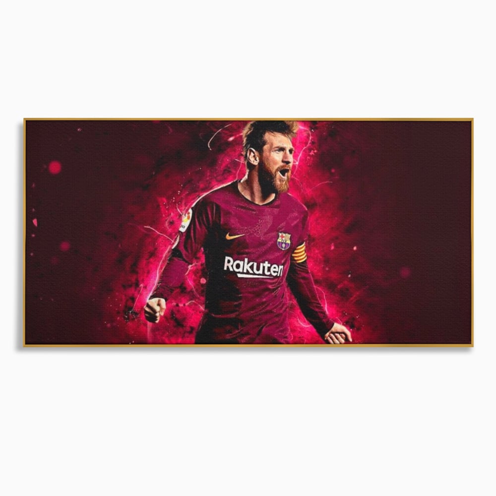 Tablou canvas cu tablou canvas cu lionel messi, in rama de aluminiu auriu