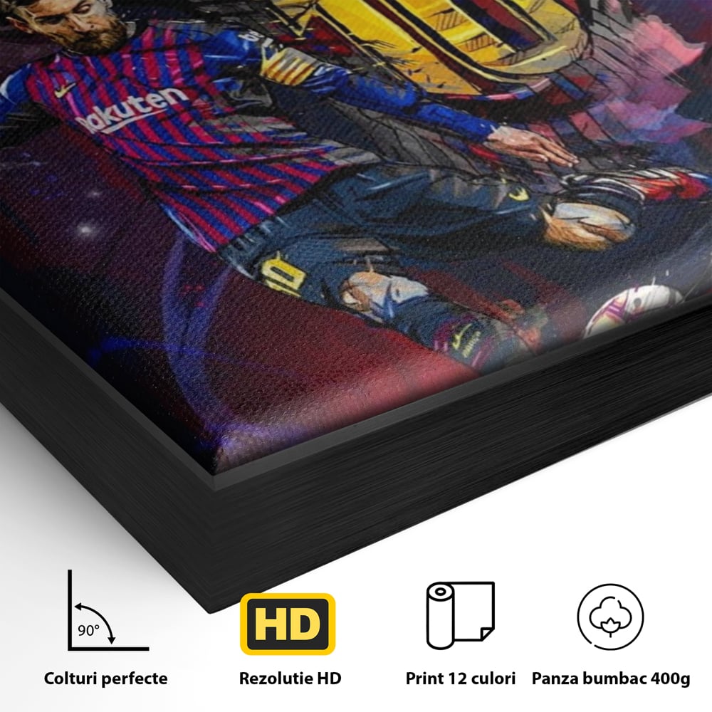 Detaliu al suprafetei: tablou canvas cu fotbalistul lionel messi, in rama de aluminiu negru