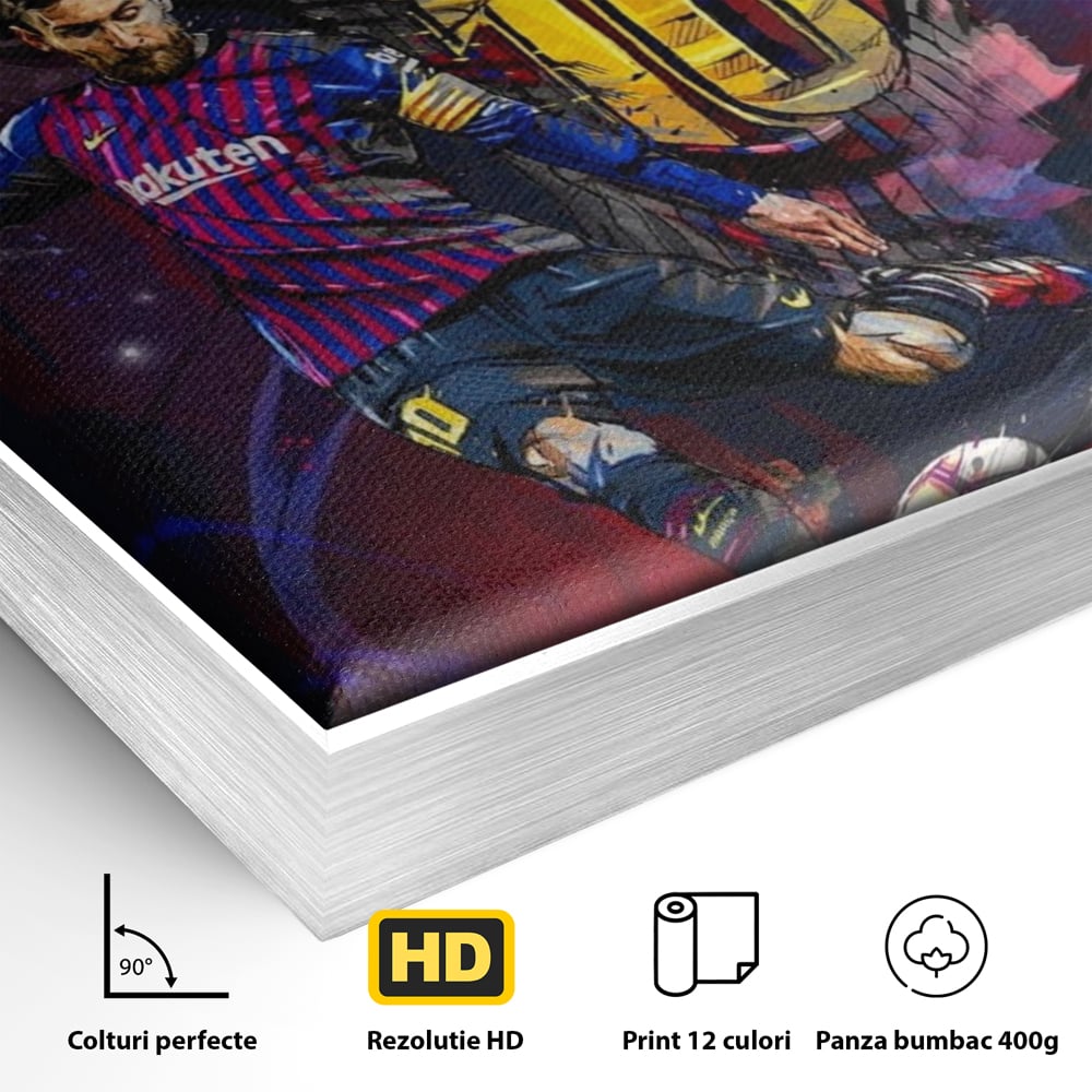 Detaliu al suprafetei: tablou canvas cu fotbalistul lionel messi, in rama de aluminiu argintiu