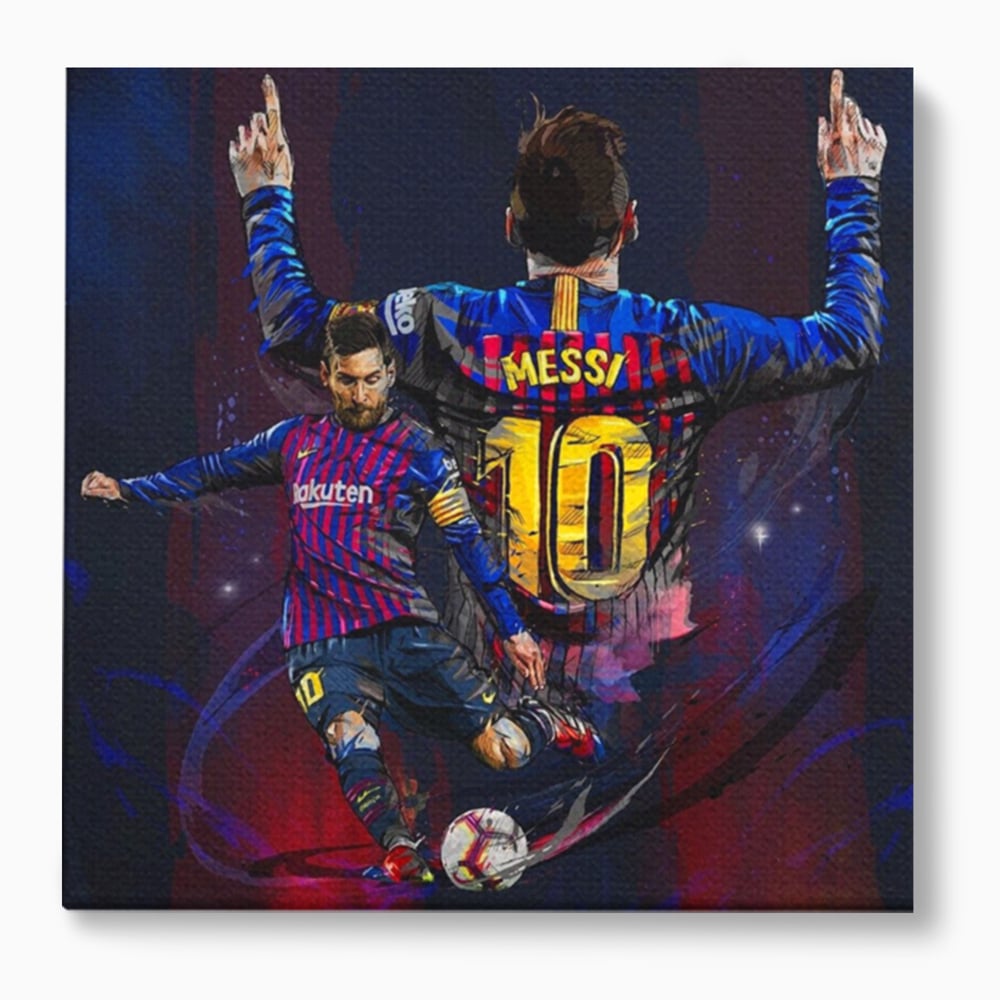 Tablou canvas cu tablou canvas cu fotbalistul lionel messi, fara rama, pe sasiu de lemn