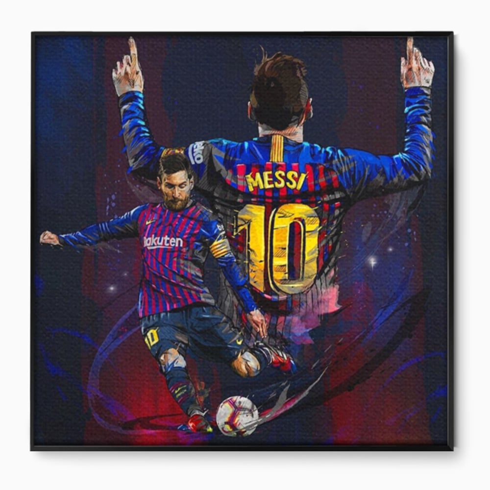 Tablou canvas cu tablou canvas cu fotbalistul lionel messi, in rama de aluminiu negru