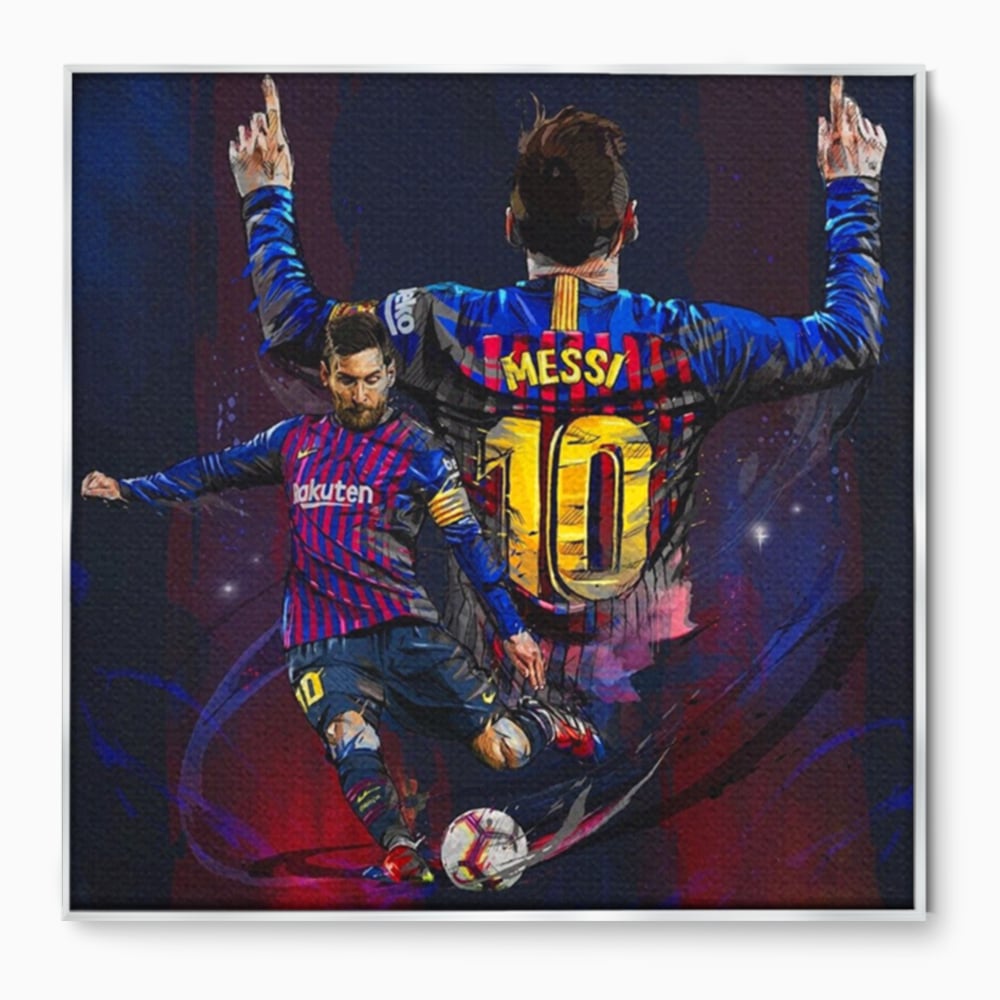 Tablou canvas cu tablou canvas cu fotbalistul lionel messi, in rama de aluminiu argintiu